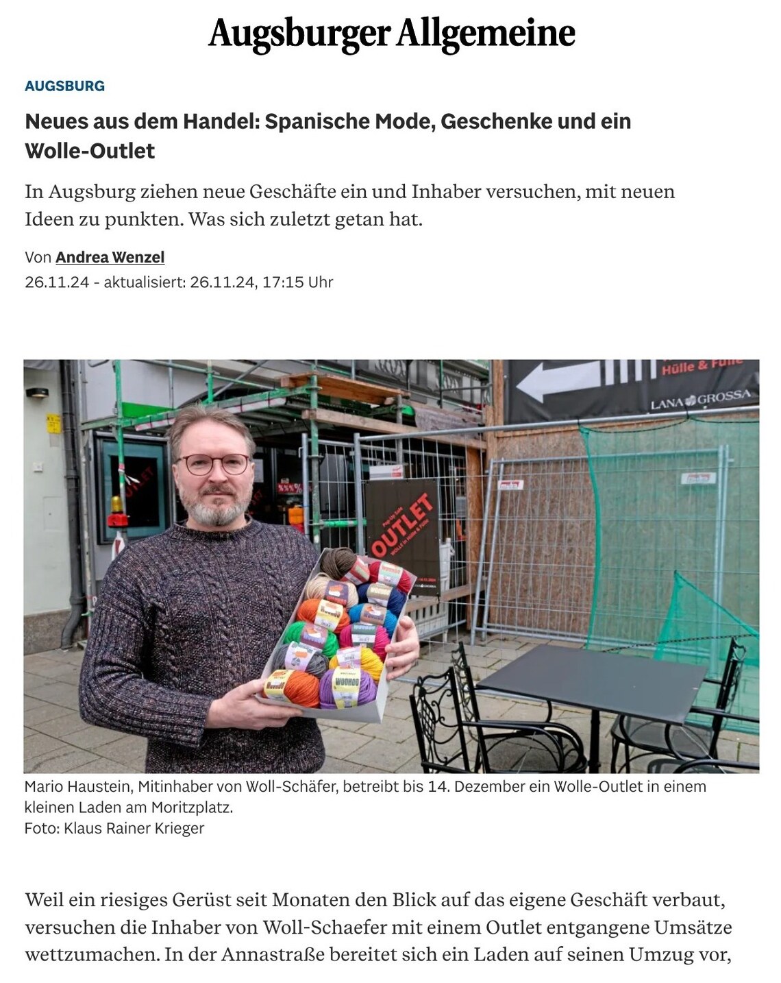 Augsburger Allgemeine, 26.11.2024: Neues aus dem Handel, spanische Mode, Geschenke und ein Wolle-Outlet